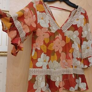 Anthro Daniel Rainn Pink Orange Lace Floral Boho 60s Bell Sleeve Peplum Top XS